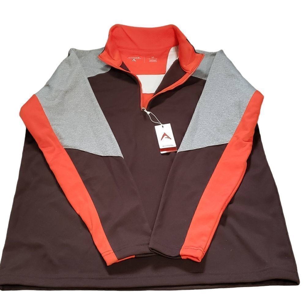 NWT ANTIGUA Mighty Brown Orange Half Zip Up Pullover Long Sleeve Top MEDIUM